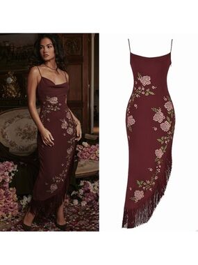 ❤️‍🔥Firm Price❤️‍🔥House of CB ELOISA Wine Embroidered Midi Dress